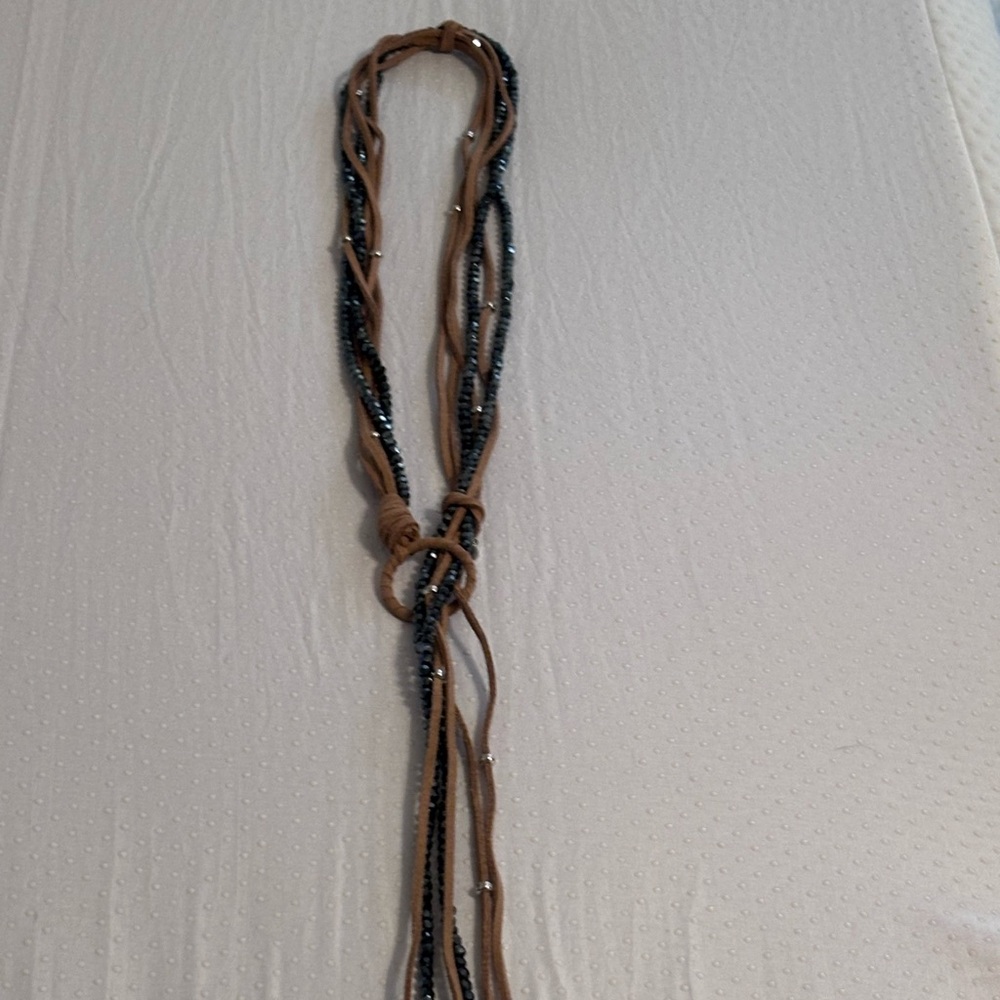 Chico's Brown Suede Cord Blue Beaded Multi Strand Lariat Necklace
